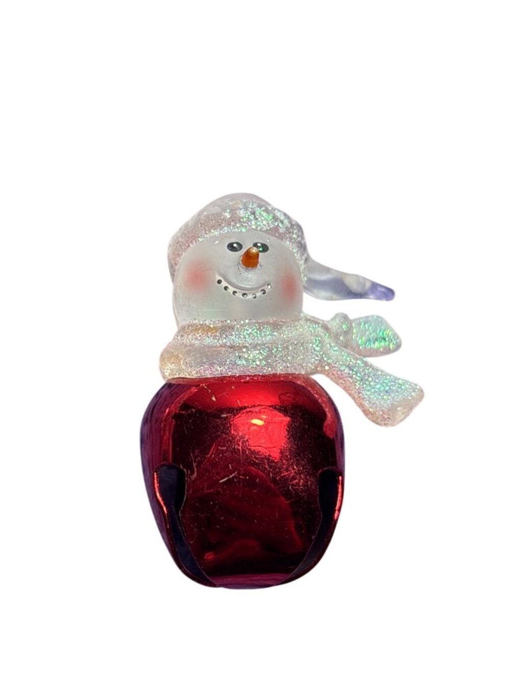 Glass Snowman Red Jingle Bell Glitter Lapel Pin 2 inches